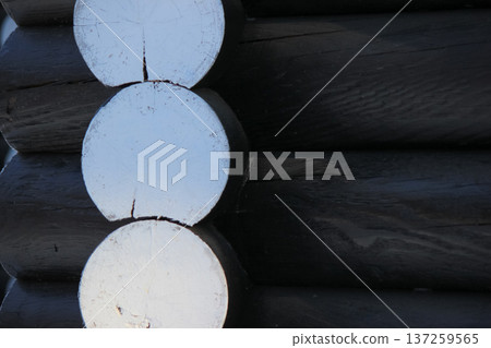 Minimalist abstract of white painted log ends on a dark wooden cabin wall showing natural texture. Minimalist abstract of white painted log ends on a dark wooden cabin wall showing natural texture. 137259565