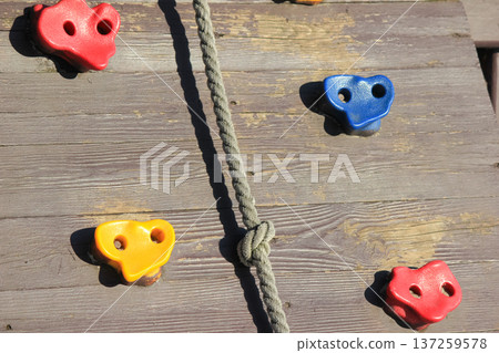 Colorful rock climbing holds and a thick grey rope on a rustic wooden wall at a children's outdoor playground. Colorful rock climbing holds and a thick grey rope on a rustic wooden wall at a children's outdoor playground. 137259578