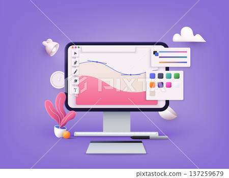 Computer display with vector design program. 3D Web Vector Illustrations. Computer display with vector design program. 3D Web Vector Illustrations. 137259679