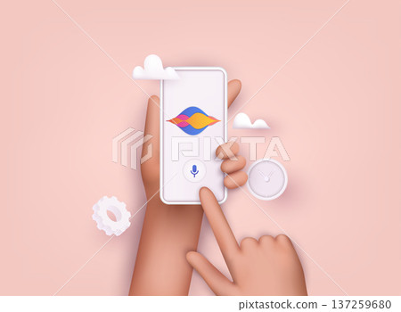 Hand holding mobile smart phone with digital voice assistant. 3D Web Vector Illustrations. Hand holding mobile smart phone with digital voice assistant. 3D Web Vector Illustrations. 137259680