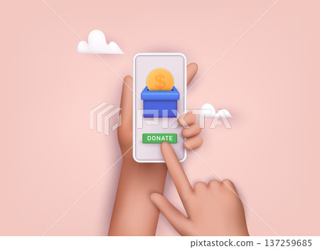 Hand holding mobile smart phone with donation money. 3D Web Vector Illustrations. Hand holding mobile smart phone with donation money. 3D Web Vector Illustrations. 137259685