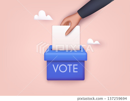 Hand puts voting ballot in ballot box. Election concept. 3D Web Vector Illustrations. Hand puts voting ballot in ballot box. Election concept. 3D Web Vector Illustrations. 137259694