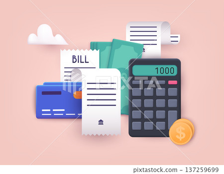 Pay bills and tax. Bills, credit cards and calculator. Home finance and taxes. Payments concept. 3D Web Vector Illustrations. Pay bills and tax. Bills, credit cards and calculator. Home finance and taxes. Payments concept. 3D Web Vector Illustrations. 137259699