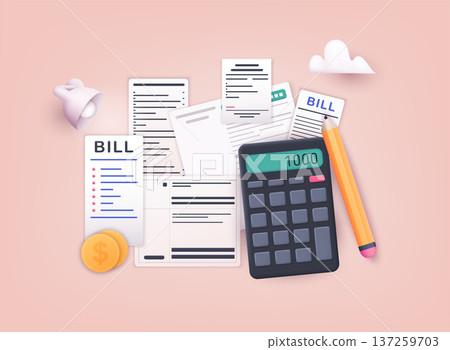 Pay bills and tax. Payment of utility, bank, restaurant and other. 3D Web Vector Illustrations. 137259703