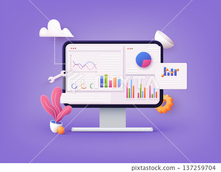 Data analytics, dashboard and business finance report. investment or website SEO screen PC concept. 3D Web Vector Illustrations. Data analytics, dashboard and business finance report. investment or website SEO screen PC concept. 3D Web Vector Illustrations. 137259704