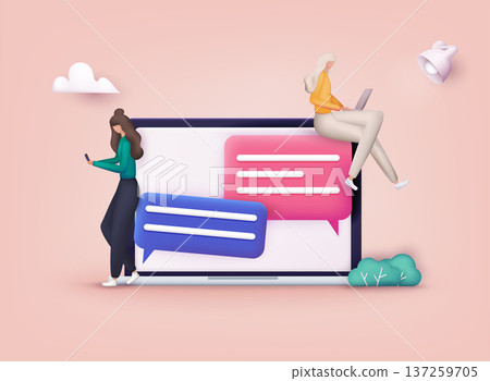 Women use mobile smartphone and laptop for chatting in social media. 3D Web Vector Illustrations. Women use mobile smartphone and laptop for chatting in social media. 3D Web Vector Illustrations. 137259705