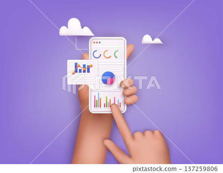 Data analytics, dashboard and business finance report. investment or website SEO screen concept. 3D Web Vector Illustrations. 137259806