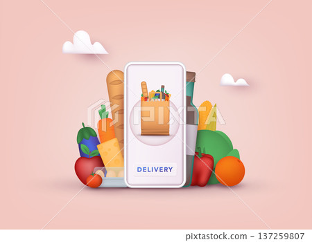 Online grocery shopping. Delivery service. Online ordering of food, grocery delivery, e-commerce. 3D Vector Illustrations. Online grocery shopping. Delivery service. Online ordering of food, grocery delivery, e-commerce. 3D Vector Illustrations. 137259807