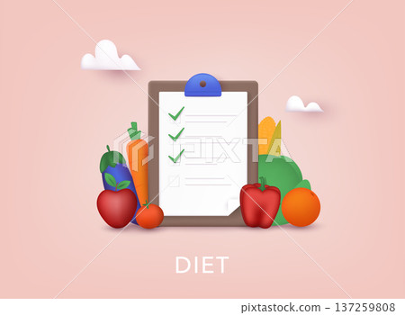 Healthy food and Diet planning. Plan your meal infographic with dish and cutlery. 3D Vector Illustrations. 137259808