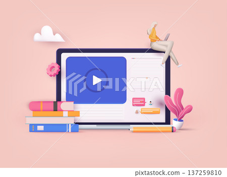 Online education on website. Application learning. Computer with open pages. 3D Vector Illustrations. Online education on website. Application learning. Computer with open pages. 3D Vector Illustrations. 137259810