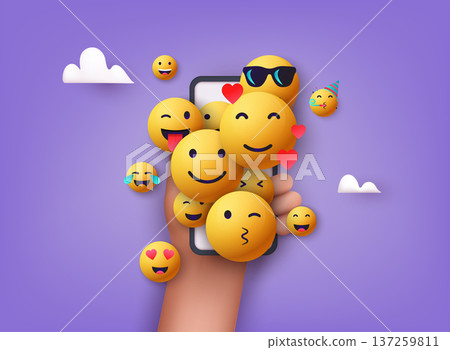Emoji different kinds of emoticons design with mobile phone. 3d vector emotion concept. Emoji different kinds of emoticons design with mobile phone. 3d vector emotion concept. 137259811