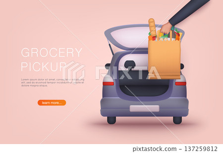 Order groceries online. Pick up point in food supermarket. Safe shopping. 3D Vector Illustrations. Order groceries online. Pick up point in food supermarket. Safe shopping. 3D Vector Illustrations. 137259812