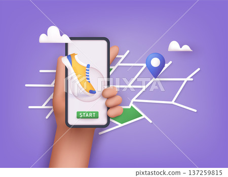 Hand holding mobile smart phone app with track displayed with route. Vector fitness route tracking concept illustration. 3D Vector Illustrations. 137259815