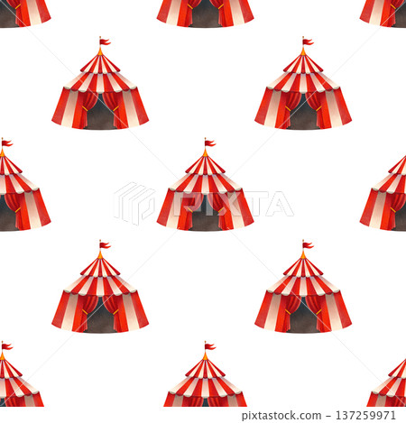 Seamless pattern with a bright circus tent. Hand drawn watercolor illustration for children. 137259971
