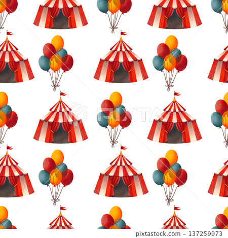 Seamless pattern with colorful balloons and a circus tent, hand drawn in watercolor style. 137259973