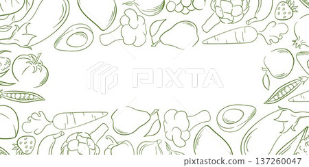 Line art style fruit and vegetable border. Illustration background for healthy restaurant menu, organic package and grocery store. Line art style fruit and vegetable border. Illustration background for healthy restaurant menu, organic package and grocery store. 137260047