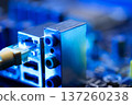 Fiber optic cables connected to optical ports and network cables connected to internet ports. High quality photo 137260238