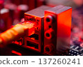 Fiber optic cables connected to optical ports and network cables connected to internet ports. High quality photo 137260241