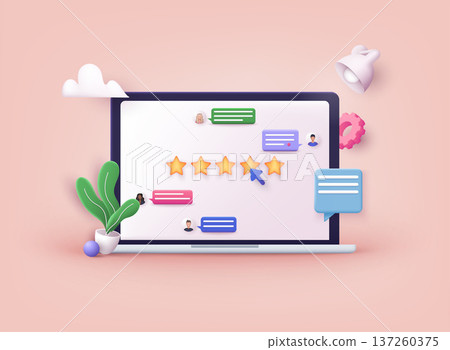 Customer review concepts. hand Showing on five star excellent rating. Reviews stars with good and bad rate and text. 3D Web Vector Illustrations. Customer review concepts. hand Showing on five star excellent rating. Reviews stars with good and bad rate and text. 3D Web Vector Illustrations. 137260375