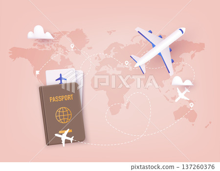 Traveling on airplane, planning a summer vacation, tourism. Online ticket concept. 3D Vector Illustrations. Traveling on airplane, planning a summer vacation, tourism. Online ticket concept. 3D Vector Illustrations. 137260376