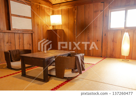 Japanese-style room with a tea table Japanese-style room with a tea table 137260477
