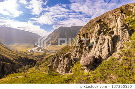 Aerial panaramic view to Natural formations stone mushrooms in Akkurum tract against blue sky, rock formations of a bizarre shape in sunny day. Ulagan Chulyshman river Valley, Altai Republic, Russia Aerial panaramic view to Natural formations stone mushrooms in Akkurum tract against blue sky, rock formations of a bizarre shape in sunny day. Ulagan Chulyshman river Valley, Altai Republic, Russia 137260530