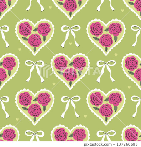 Seamless pattern with roses in hearts and bows. Vector graphics. 137260693