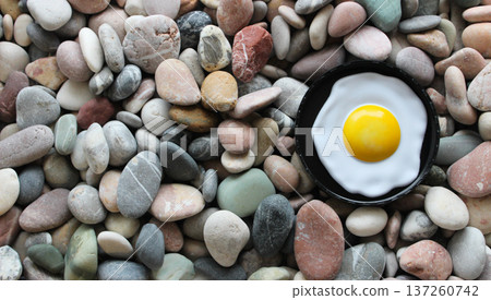 Plastic Single Fried Egg In Toy Pan On A Small Pebbles Surface. Concept Photo About Cooking In The Wild Plastic Single Fried Egg In Toy Pan On A Small Pebbles Surface. Concept Photo About Cooking In The Wild 137260742