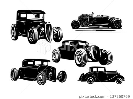 Set of classic hot rod coupe cars with exaggerated wheels, bold outlines, exposed engines and streamlined vintage profiles 137260769