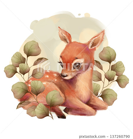 Gentle illustration of a small fawn resting surrounded by soft green leaves Gentle illustration of a small fawn resting surrounded by soft green leaves 137260790