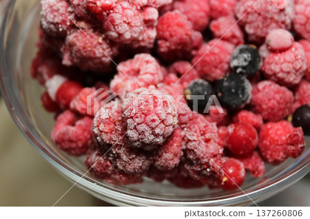 Defrosted Fruits Stock Photo. Frost On A Frozen Berries In A Glass Bowl Defrosted Fruits Stock Photo. Frost On A Frozen Berries In A Glass Bowl 137260806