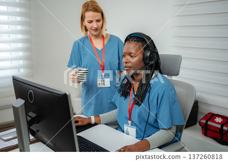 Nurses collaborating healthcare support online at call center 137260818