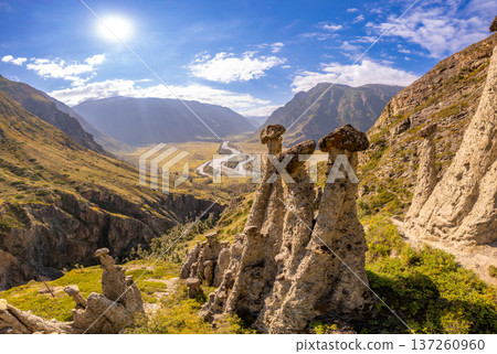Aerial panaramic view to Natural formations stone mushrooms in Akkurum tract against blue sky, rock formations of a bizarre shape in sunny day. Ulagan Chulyshman river Valley, Altai Republic, Russia Aerial panaramic view to Natural formations stone mushrooms in Akkurum tract against blue sky, rock formations of a bizarre shape in sunny day. Ulagan Chulyshman river Valley, Altai Republic, Russia 137260960