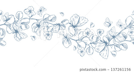 Eucalyptus branches with flowers and butterflies. Graphic illustration hand-drawn with ink line art. Seamless border pattern floral garland design for spring, summer holidays, and weddings. Eucalyptus branches with flowers and butterflies. Graphic illustration hand-drawn with ink line art. Seamless border pattern floral garland design for spring, summer holidays, and weddings. 137261156