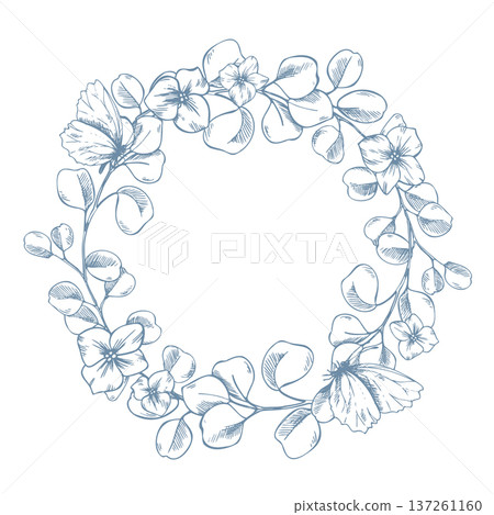 A classic wreath of eucalyptus branches with flowers and butterflies. Hand-drawn ink line art graphic illustration. A round frame with text template for spring holiday and wedding decor and design. A classic wreath of eucalyptus branches with flowers and butterflies. Hand-drawn ink line art graphic illustration. A round frame with text template for spring holiday and wedding decor and design. 137261160
