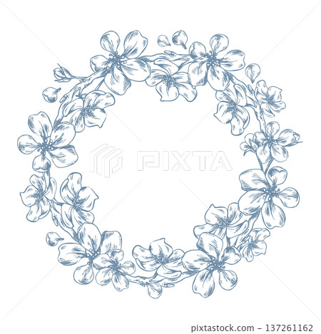 A classic wreath of apple blossom branches with flowers and buds. Hand-drawn ink line art graphic illustration. A round frame with text template for spring holiday and wedding decor and design. A classic wreath of apple blossom branches with flowers and buds. Hand-drawn ink line art graphic illustration. A round frame with text template for spring holiday and wedding decor and design. 137261162