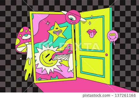 Surreal trippy space portal with smiling sun, magic mushroom and weird melting eyes. Psychedelic open door illustration on checkerboard background. Groovy retro 70s hallucinogenic poster vector art. Surreal trippy space portal with smiling sun, magic mushroom and weird melting eyes. Psychedelic open door illustration on checkerboard background. Groovy retro 70s hallucinogenic poster vector art. 137261168