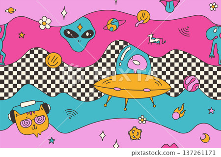 Psychedelic trippy seamless pattern with weird cat in headphones, alien, ufo and floating cow. Surreal melting space background with checkerboard waves. Groovy retro 70s hallucinogenic vector art. 137261171