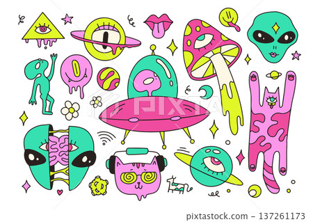 Psychedelic trippy space sticker pack. Surreal weird icons with alien, ufo, magic mushroom, melting cat and eye of providence. Groovy retro 70s hallucinogenic isolated vector elements collection. 137261173