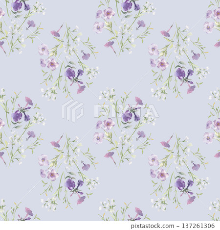 Delicate wildflower meadow watercolor pattern on blue. Seamless gentle botanical print for textile, fabric, springtime, and wedding design. Flowers sketch repeat background pastel colors hand painted. Delicate wildflower meadow watercolor pattern on blue. Seamless gentle botanical print for textile, fabric, springtime, and wedding design. Flowers sketch repeat background pastel colors hand painted. 137261306