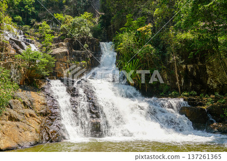 Multi-Tiered Flow of Datanla Waterfall Cascading Through Lush Jungle Rocks in Da Lat, Vietnam 137261365