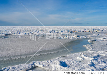 Frozen Baltic Sea Shoreline with Ice Floes and Snow Under Clear Winter Sky 137261441
