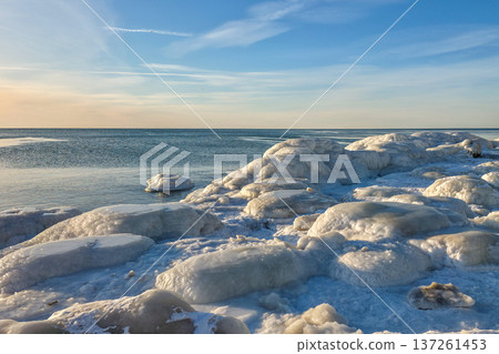 Icy Baltic Sea Coastline in Liepaja with Frozen Winter Seascape 137261453