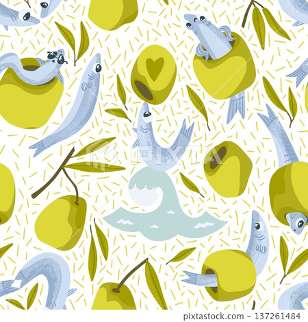 A bright summer pattern with green olives and dancing anchovies among olive branches, an olive with an anchovy inside 137261484