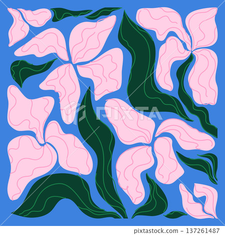 Blue Background with Pink Flowers and Green Leaves, Seamless Spring Botanical Pattern for Kids Decor and Textile Blue Background with Pink Flowers and Green Leaves, Seamless Spring Botanical Pattern for Kids Decor and Textile 137261487