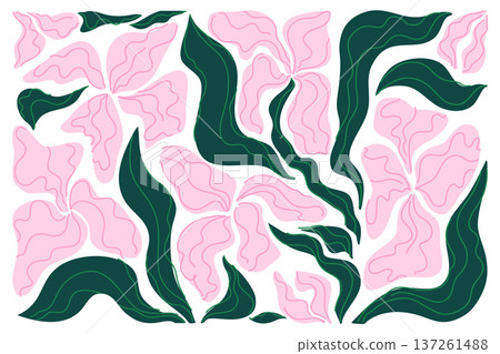 Bold Pink Floral Pattern with Dark Green Leaves, Modern Decorative Botanical Background for Textile and Wallpaper Bold Pink Floral Pattern with Dark Green Leaves, Modern Decorative Botanical Background for Textile and Wallpaper 137261488