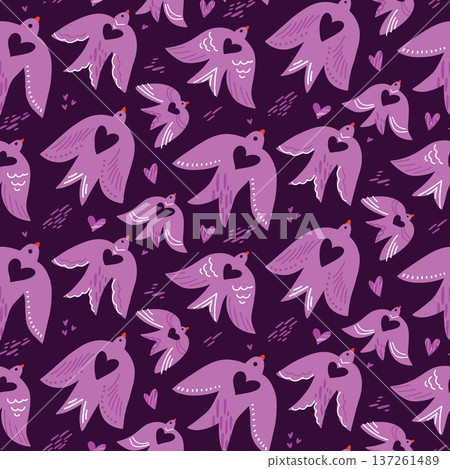 Seamless Purple Swallow Pattern with Flying Spring Birds, Decorative Floral Background for Kids Fabric, Wallpaper and Textile Design Seamless Purple Swallow Pattern with Flying Spring Birds, Decorative Floral Background for Kids Fabric, Wallpaper and Textile Design 137261489
