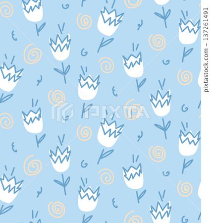 Minimal Blue Tulip Seamless Pattern with Hand Drawn Floral Elements for Spring Textile, Wallpaper and Surface Design Minimal Blue Tulip Seamless Pattern with Hand Drawn Floral Elements for Spring Textile, Wallpaper and Surface Design 137261491