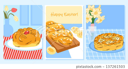 Festive Easter pastries from Greece, Serbia, and Romania featuring painted eggs and spring flowers Festive Easter pastries from Greece, Serbia, and Romania featuring painted eggs and spring flowers 137261503