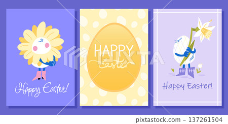 A set of Easter cards in purple and yellow colors, egg characters in costumes, painted gradient eggs, holding flowers 137261504